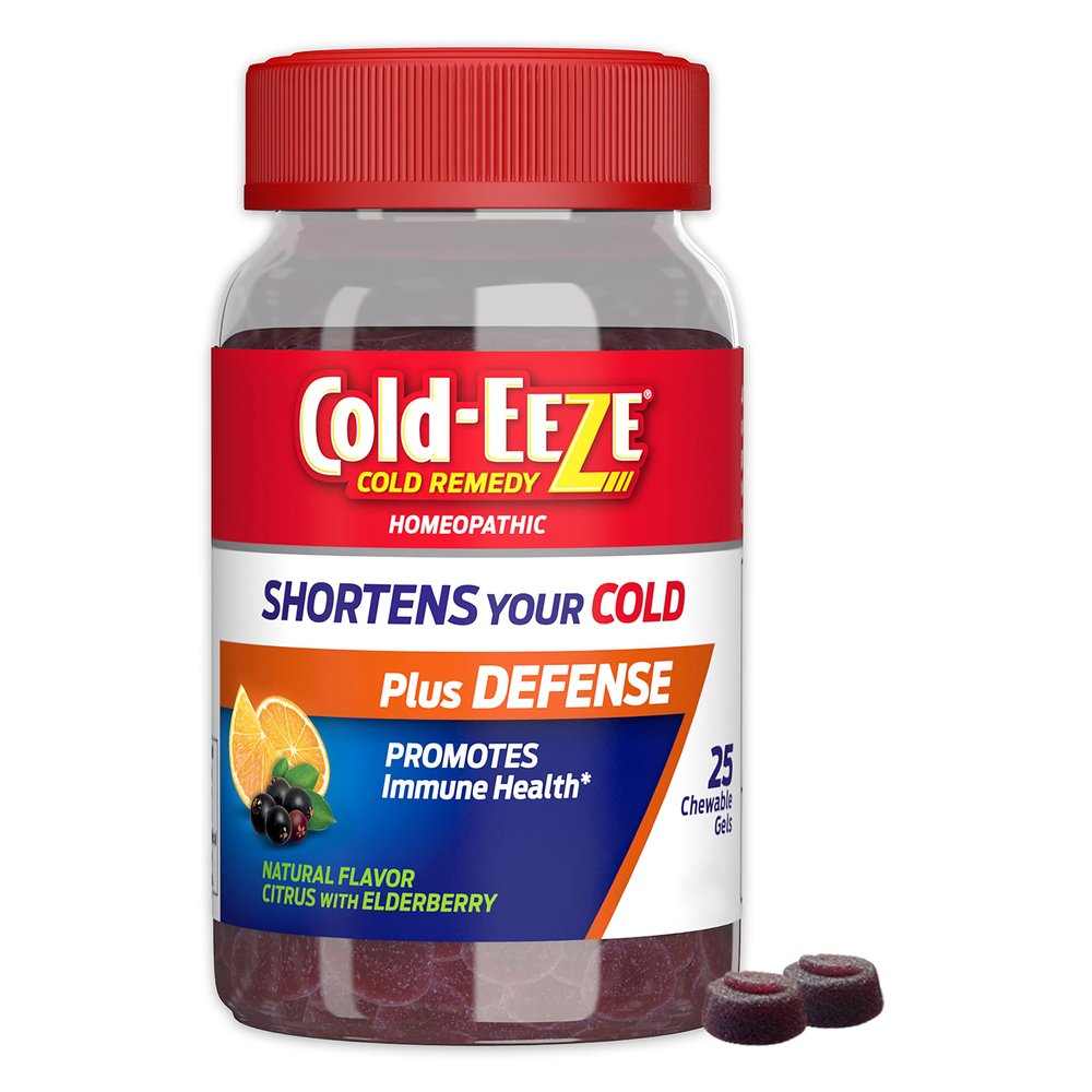 Cold-EEZE Plus Defense Natural Citrus & Elderberry Zinc Chewable Gels, Homeopathic Cold Remedy, Shortens Common Cold Symptoms, Promotes Immune Health with Sambucus Nigra, Echinacea & Rose Hips, 25 Ct