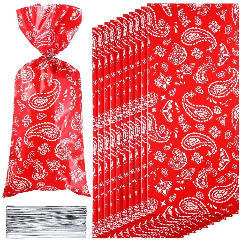 Blulu 100 Pieces Western Bandana Cellophane Bags Red Bandana Print Cello Treat Cookie Candy Bags with 100 Pieces Silver Twist Ties for Western Cowboy Theme Party Favor