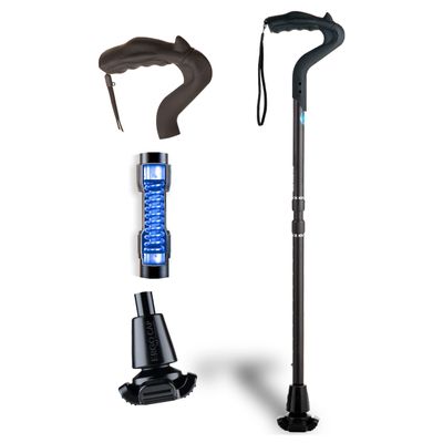 Ergocane 2G Walking Cane for Men & Women Patented Shock Absorbing Cane with Ergonomic Nerve-Relief Grip, Self-Standing Base | Adjustable Height, Supports 300 lbs (Black)
