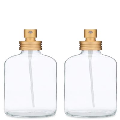Rail19 Apothecary Clear Glass Mist Bottle - Gold Metal Aluminum Nozzle, 8oz (2 Pack)