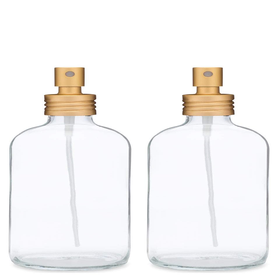 Rail19 Apothecary Clear Glass Mist Bottle - Gold Metal Aluminum Nozzle, 8oz (2 Pack)