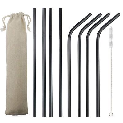JASHII 2 Set Reusable Portable Metal Straws Stainless Steel Eco-friendly Drinking Straw with Travel Cloth Bag (4 Bent 4 Straight 2 Brush),Black