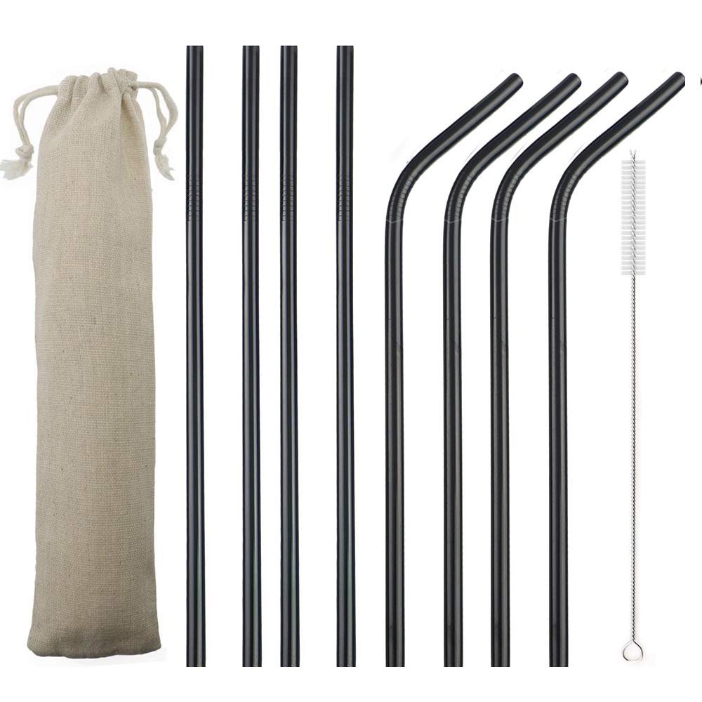 JASHII 2 Set Reusable Portable Metal Straws Stainless Steel Eco-friendly Drinking Straw with Travel Cloth Bag (4 Bent 4 Straight 2 Brush),Black