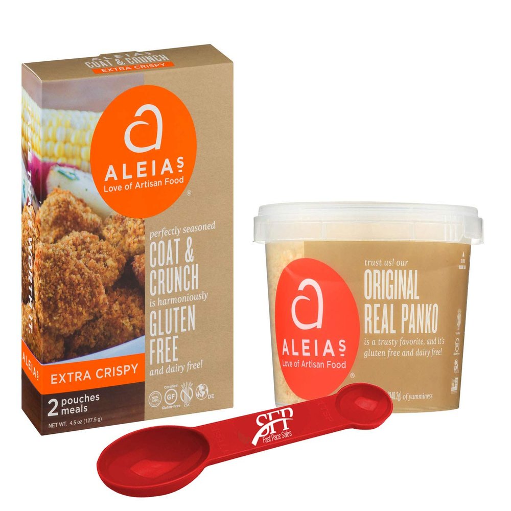 Aleias Gluten Free Variety Pack, Includes: (1) Aleias Coat and Crunch Extra Crispy Bread Crumbs, 4.5 Oz. and (1) Aleias Panko Bread Crumbs, Gluten Free, 12 Oz, With a Bonus Measuring Spoon.