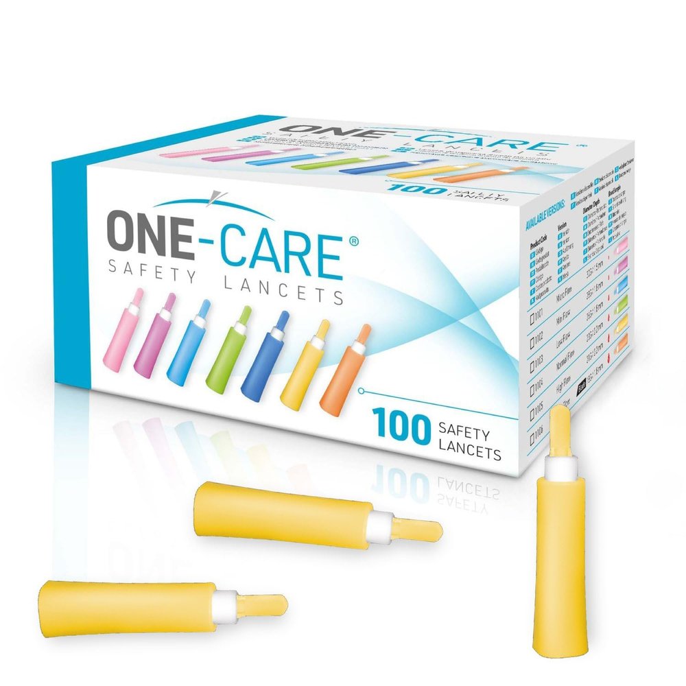 ONE-Care Safety Lancets 21G x 2.4mm, Push Button Activation, Gentle, Pre-Loaded, 3-Steps Only, Diabetes Testing, Sterile, Finger Self Prick Device, Glucose Monitor, Single Use (100 Count (Pack of 1))