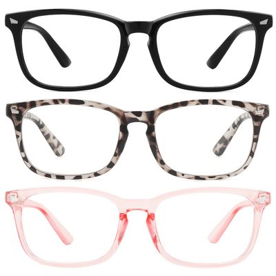 MEETSUN Blue Light Blocking Glasses, Anti Eye Strain Headache (Sleep Better),Computer Reading Glasses UV400 Transparent Lens (Black+Leopard+Pink / 3 PACK, 53)