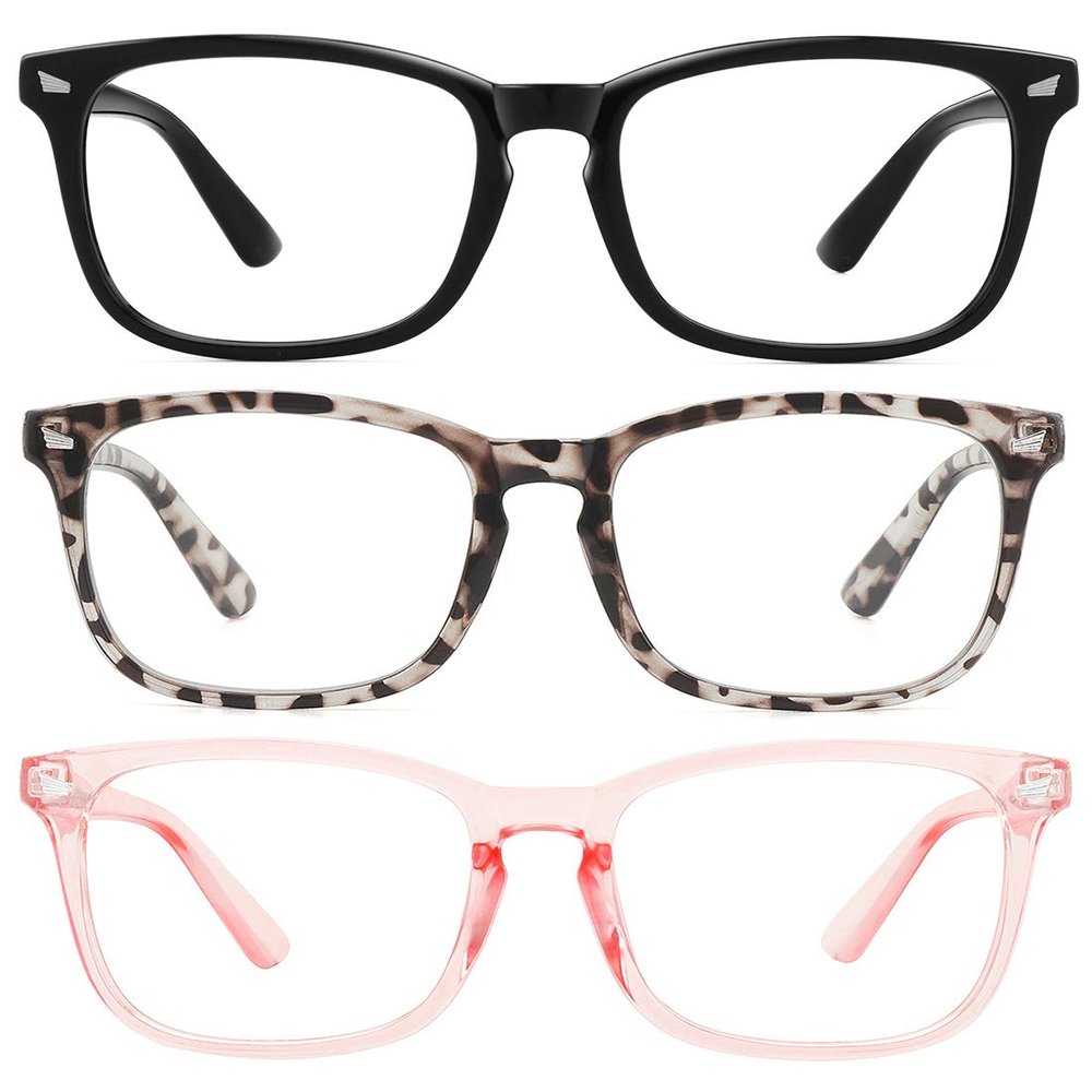 MEETSUN Blue Light Blocking Glasses, Anti Eye Strain Headache (Sleep Better),Computer Reading Glasses UV400 Transparent Lens (Black+Leopard+Pink / 3 PACK, 53)