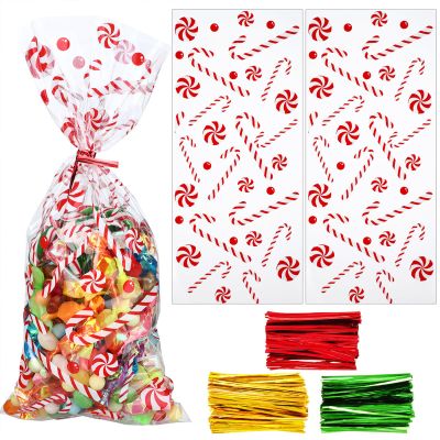 Boao 100 Pieces Cellophane Bags Cute Treat Bags Clear Goodies with 150 Pieces Twist Ties for Party Supplies (Christmas Style 11)