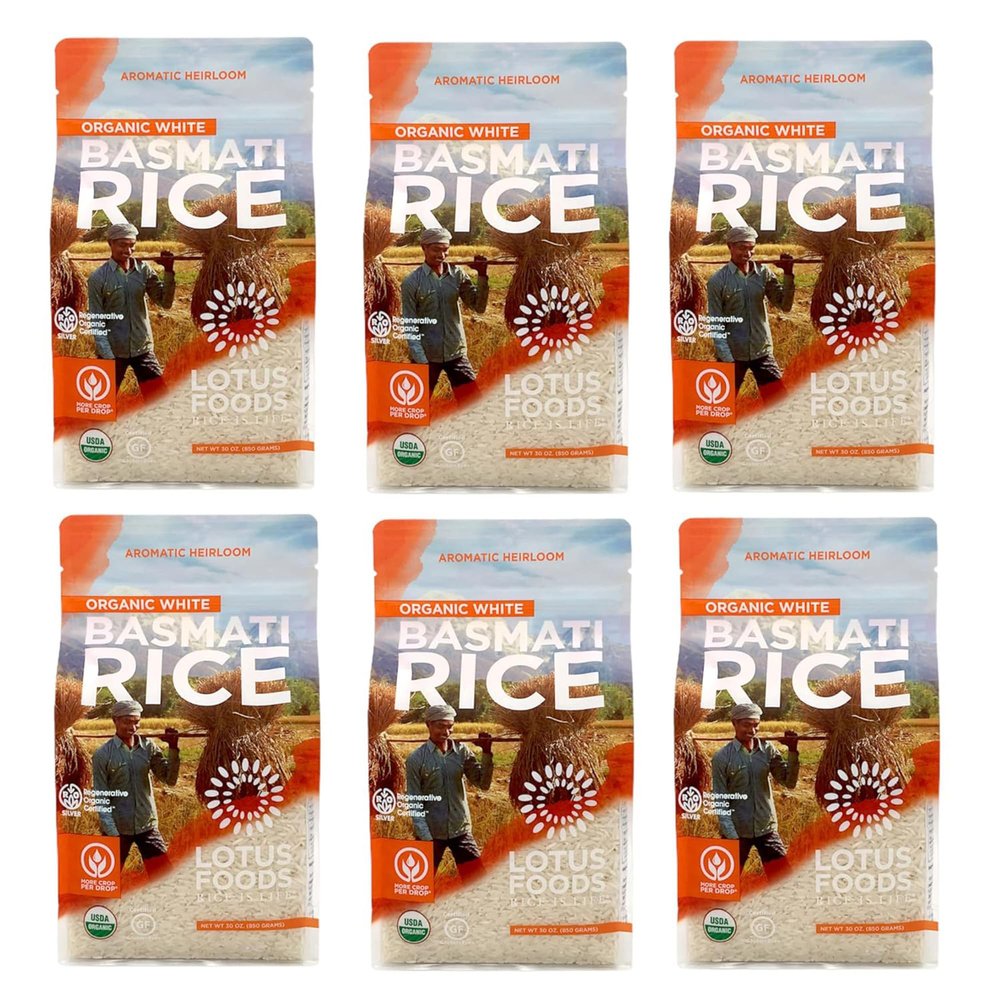 Lotus Foods Regenerative Organic White Basmati Rice - Gluten Free Long Grain White Rice, Vegan, Non GMO, Use for Curries, Stir Fries, Rice Pudding, Salad, and More - 30 Oz Bag (Pack of 6)