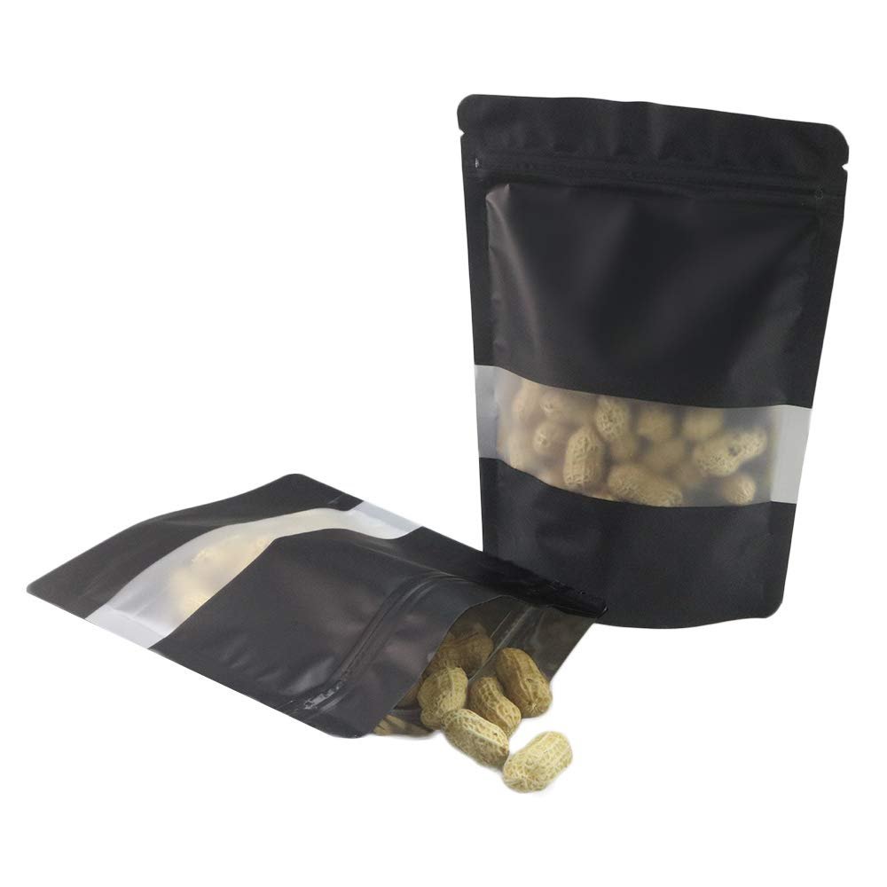 100 Metallic Colored with Clear Window Metallic Foil Stand-Up Resealable Food Storage Pouch (5oz, Matte Black)