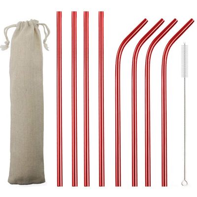 JASHII 2 Set Reusable Portable Metal Straws Stainless Steel Eco-friendly Drinking Straw with Travel Cloth Bag (4 Bent 4 Straight 2 Brush),Red
