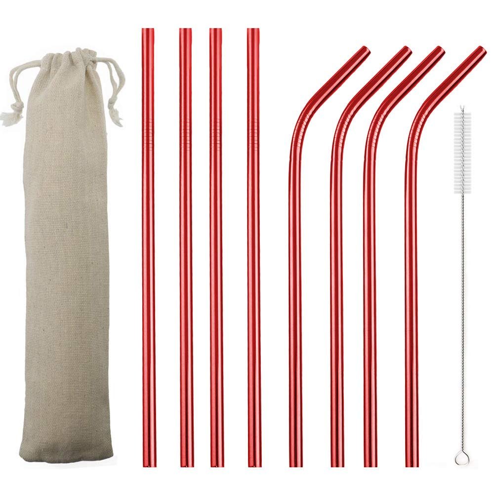 JASHII 2 Set Reusable Portable Metal Straws Stainless Steel Eco-friendly Drinking Straw with Travel Cloth Bag (4 Bent 4 Straight 2 Brush),Red