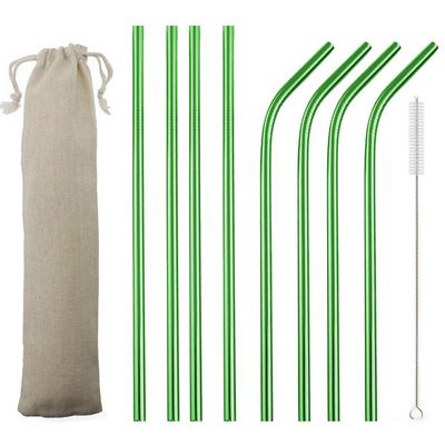 JASHII 2 Set Reusable Portable Metal Straws Stainless Steel Eco-friendly Drinking Straw with Travel Cloth Bag (4 Bent 4 Straight 2 Brush),Green