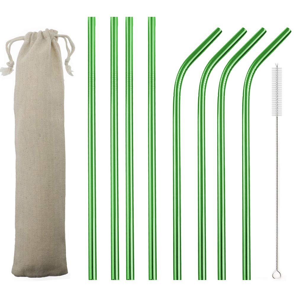 JASHII 2 Set Reusable Portable Metal Straws Stainless Steel Eco-friendly Drinking Straw with Travel Cloth Bag (4 Bent 4 Straight 2 Brush),Green