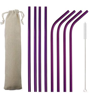 JASHII 2 Set Reusable Portable Metal Straws Stainless Steel Eco-friendly Drinking Straw with Travel Cloth Bag (4 Bent 4 Straight 2 Brush),Purple