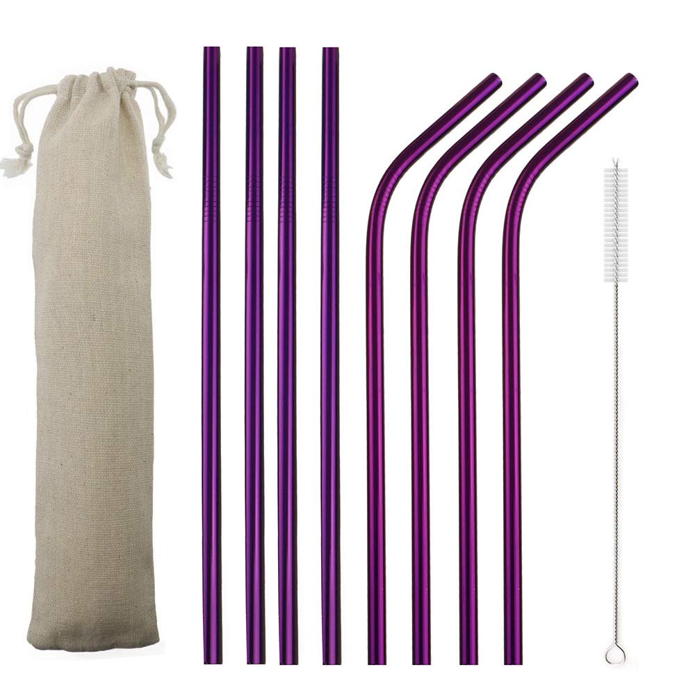 JASHII 2 Set Reusable Portable Metal Straws Stainless Steel Eco-friendly Drinking Straw with Travel Cloth Bag (4 Bent 4 Straight 2 Brush),Purple