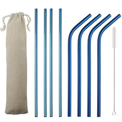 JASHII 2 Set Reusable Portable Metal Straws Stainless Steel Eco-friendly Drinking Straw with Travel Cloth Bag (4 Bent 4 Straight 2 Brush),Blue