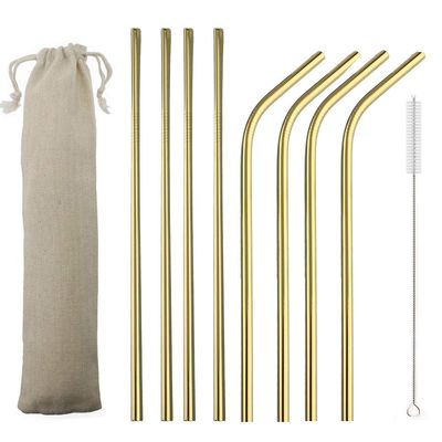 JASHII 2 Set Reusable Portable Metal Straws Stainless Steel Eco-friendly Drinking Straw with Travel Cloth Bag (4 Bent 4 Straight 2 Brush),Gold