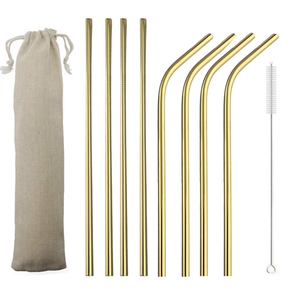 JASHII 2 Set Reusable Portable Metal Straws Stainless Steel Eco-friendly Drinking Straw with Travel Cloth Bag (4 Bent 4 Straight 2 Brush),Gold