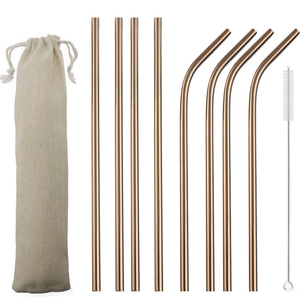 JASHII 2 Set Reusable Portable Metal Straws Stainless Steel Eco-friendly Drinking Straw with Travel Cloth Bag (4 Bent 4 Straight 2 Brush),Rose