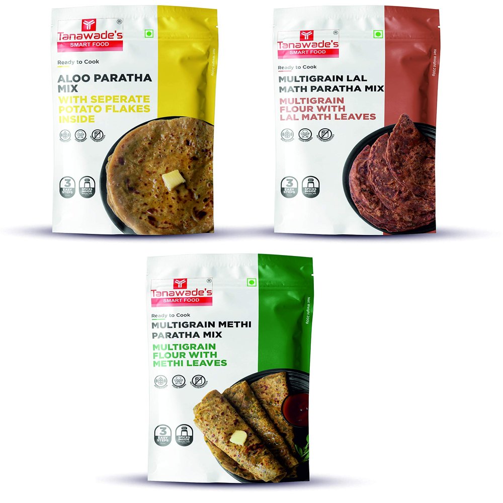 Tanawade's Smart Food Paratha Combo, Instant Aloo Paratha, Lal Math Paratha, Methi Paratha Mix, Ready to Cook, Home Food with Hand Picked Flavours, Pack of 3 (one of Each)