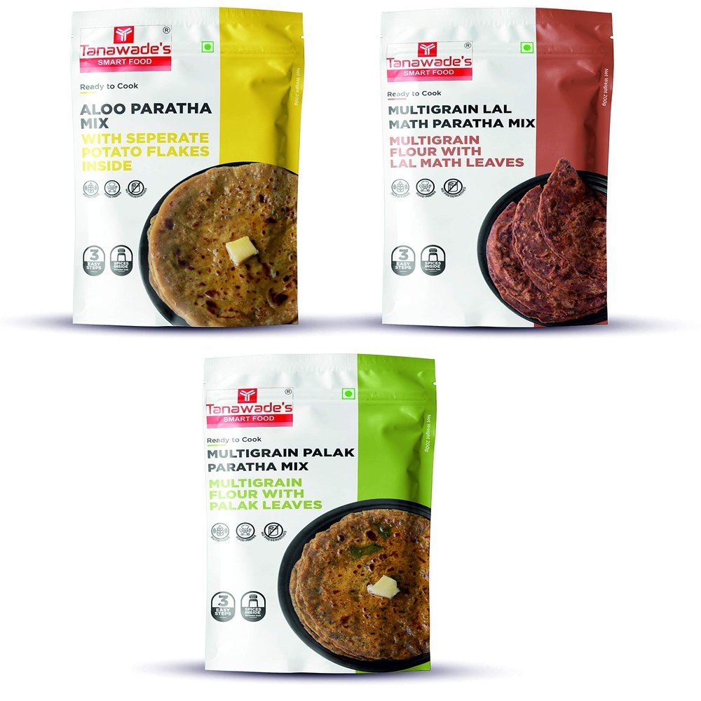 Tanawade's Smart Food Paratha Combo, Instant Aloo Paratha, Lal Math Paratha, Palak Paratha Mix, Ready to Cook, Home Food with Hand Picked Flavours, Pack of 3 (one of Each)