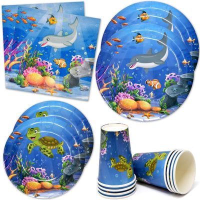 Gift Boutique 122 Pcs Ocean Sea Life Party Supplies Disposable Tableware Set Paper Plates Cup Napkins for Underwater World Creatures Turtle Dolphin Fish Serves 24
