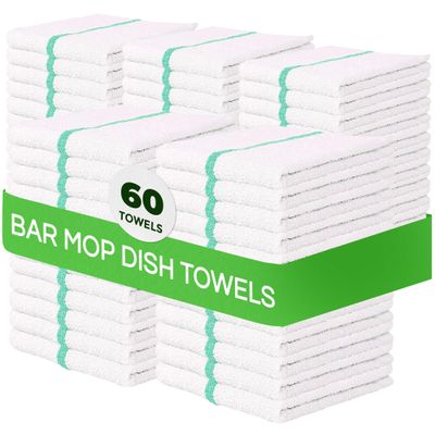 Towels N More 60 Pieces 30 oz Cotton Kitchen Cleaning Towels, Reusable Bar Mop Towel, Commercial Grade Quality (Green Stripe)