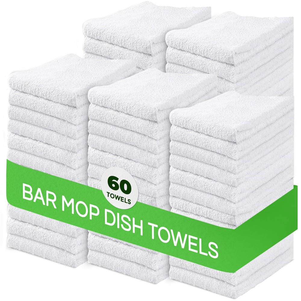 Towels N More 60 Pieces 31oz Cotton Kitchen Cleaning Towels, Reusable Bar Mop Towel, Commercial Grade Quality (White)