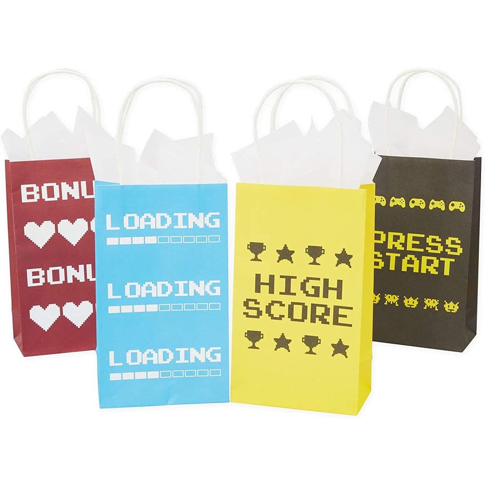 BLUE PANDA Arcade Paper Bags - 9" x 5.3" x 3.15", Kraft Paper, Pack of 24, Red/Yellow/Blue/Black - Birthday Goodie Bags for Kid Party Favor