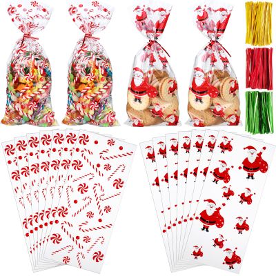 100 Pieces Christmas Cellophane Bags for Treat and Candy Goodie Cookie Packaging - Holiday Party Favors With 150 Twist Ties for Xmas Supplies