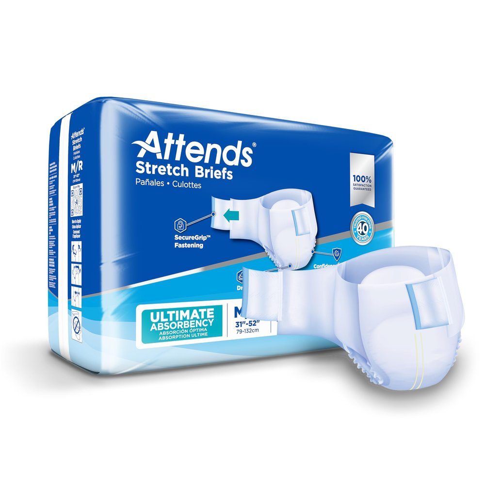Attends Stretch Adult Incontinence Disposable Briefs, Medium/Regular, 31"-52" Waist with SecureGrip Tab Closure, Ultimate Absorbency with Dry-Lock Containment Core and Breathable Side Panels, 24ct Bag