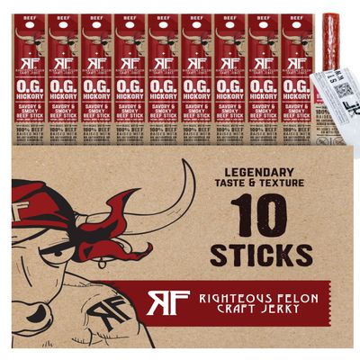 Righteous Felon Meat Sticks | 100% Grass Fed Beef | 9g Protein per Stick | Keto, Gluten-Free, Low Sugar, High Protein Snack Sticks | Individually Wrapped | OG Hickory Beef Sticks, 10 Count