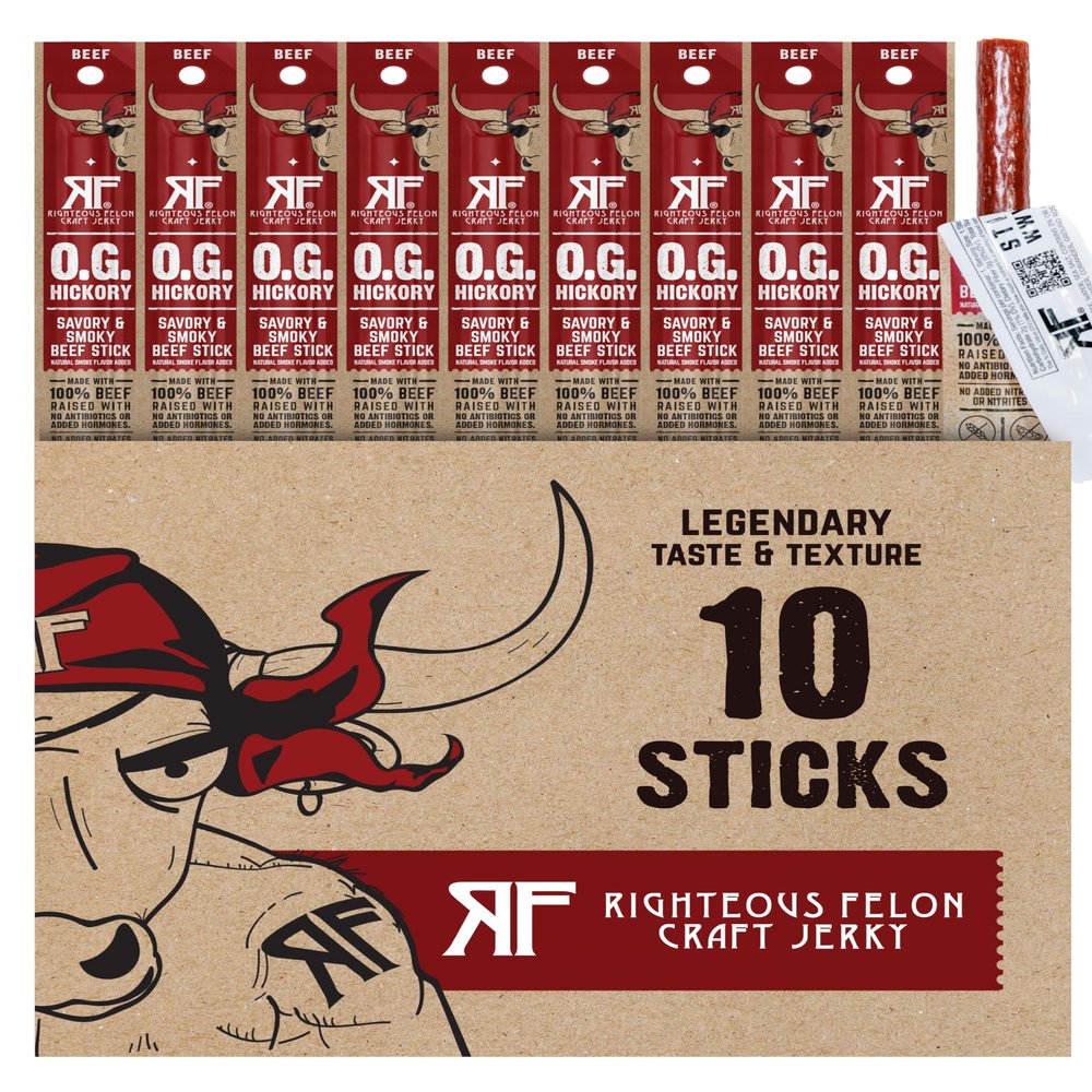 Righteous Felon Meat Sticks | 100% Grass Fed Beef | 9g Protein per Stick | Keto, Gluten-Free, Low Sugar, High Protein Snack Sticks | Individually Wrapped | OG Hickory Beef Sticks, 10 Count