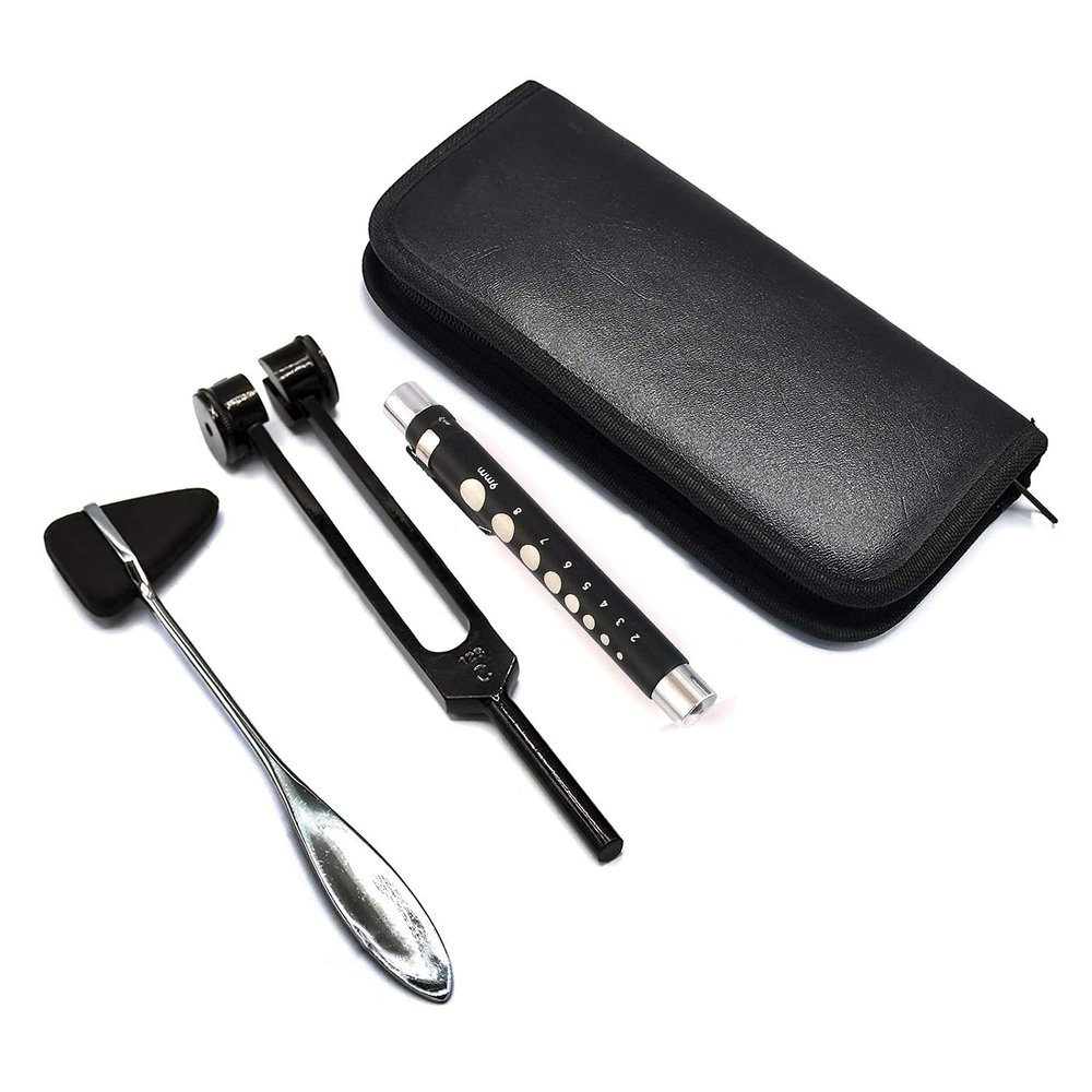 Laja Imports New School Starter Pack Kit Tuning Fork C 128 Black, Reflex Hammer Black Head, Pen Light Pupil Gauge Black, Carrying Case for Educational Use