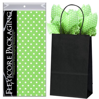Flexicore Packaging Black Kraft Paper Gift Bags & Lime Green Gift Wrap Tissue Paper | Size: 5.25 Inch X 3.25 Inch X 8.25 Inch | Count: 5 Bags | Color: Lime Green Polka Dot