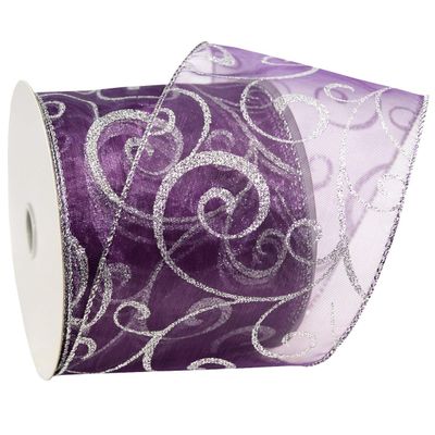 Morex Ribbon Wired Swirl Sheer Glitter Ribbons, Holiday Ribbon for Crafts and Christmas Decorations, Gift Wrapping, 4" x 25 yd, Purple/Silver