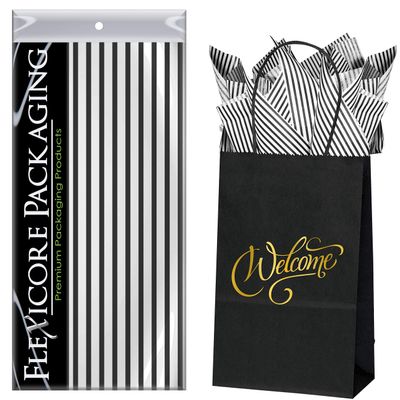 Flexicore Packaging Black Kraft Paper Welcome Bags & Black Gift Wrap Tissue Paper | Size: 5.25 Inch X 3.25 Inch X 8.25 Inch | Count: 5 Bags | Color: Black Pin Stripe