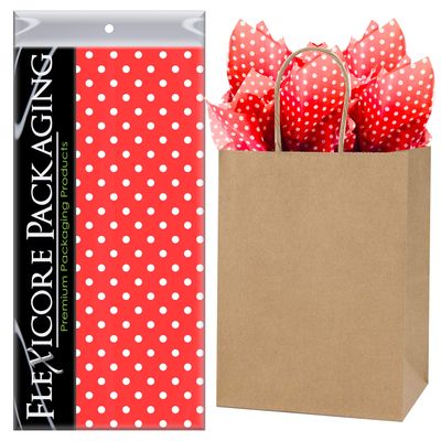 Flexicore Packaging Natural Brown Kraft Paper Gift Bags & Red Gift Wrap Tissue Paper | Size: 8 Inch X 4.75 Inch X 10.5 Inch | Count: 50 Bags | Color: Red Polka Dot