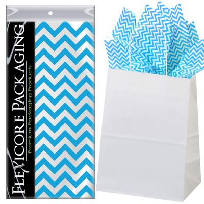 Flexicore Packaging White Kraft Paper Gift Bags & Turquoise Gift Wrap Tissue Paper | Size: 8 Inch X 4.75 Inch X 10.5 Inch | Count: 50 Bags | Color: Turquoise Chevron
