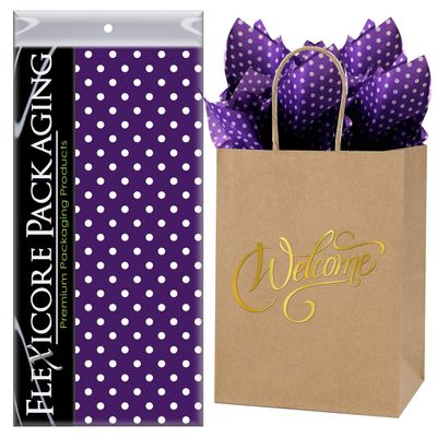 Flexicore Packaging Natural Brown Kraft Paper Welcome Bags & Purple Gift Wrap Tissue Paper | Size: 8 Inch X 4.75 Inch X 10.5 Inch | Count: 5 Bags | Color: Purple Polka Dot