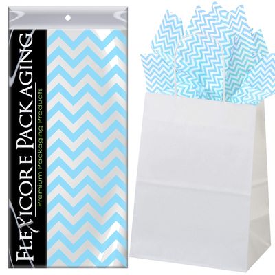 Flexicore Packaging White Kraft Paper Gift Bags & Light Blue Gift Wrap Tissue Paper | Size: 8 Inch X 4.75 Inch X 10.5 Inch | Count: 50 Bags | Color: Light Blue Chevron