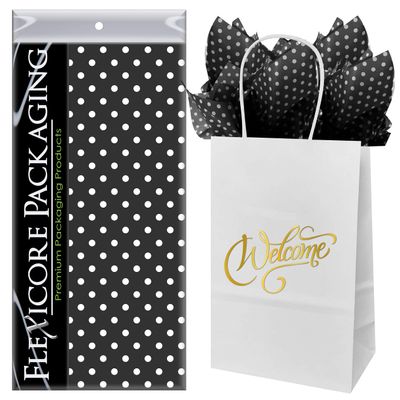 Flexicore Packaging White Kraft Paper Welcome Bags & Black Gift Wrap Tissue Paper | Size: 5.25 Inch X 3.25 Inch X 8.25 Inch | Count: 5 Bags | Color: Black Polka Dot