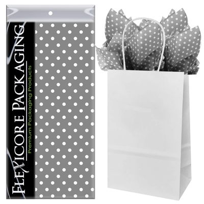Flexicore Packaging White Kraft Paper Gift Bags & Gray Gift Wrap Tissue Paper | Size: 5.25 Inch X 3.25 Inch X 8.25 Inch | Count: 5 Bags | Color: Gray Polka Dot