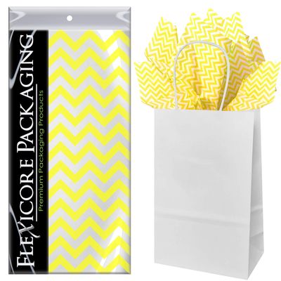 Flexicore Packaging White Kraft Paper Gift Bags & Yellow Gift Wrap Tissue Paper | Size: 5.25 Inch X 3.25 Inch X 8.25 Inch | Count: 5 Bags | Color: Yellow Chevron
