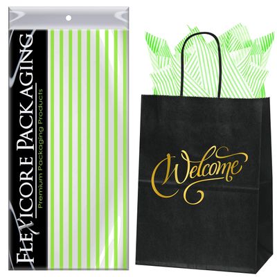 Flexicore Packaging Black Kraft Paper Welcome Bags & Lime Green Gift Wrap Tissue Paper | Size: 8 Inch X 4.75 Inch X 10.5 Inch | Count: 5 Bags | Color: Lime Green Pin Stripe