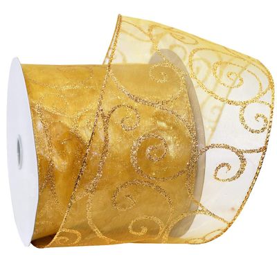Morex Ribbon Wired Swirl Sheer Glitter Ribbons, Holiday Ribbon for Crafts and Christmas Decorations, Gift Wrapping, 4" x 25 yd, Gold/Gold