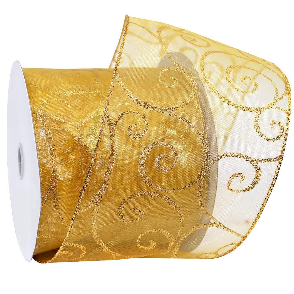Morex Ribbon Wired Swirl Sheer Glitter Ribbons, Holiday Ribbon for Crafts and Christmas Decorations, Gift Wrapping, 4" x 25 yd, Gold/Gold