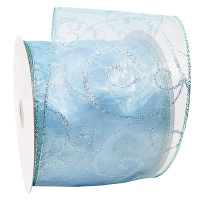 Morex Ribbon Wired Swirl Sheer Glitter Ribbons, Holiday Ribbon for Crafts and Christmas Decorations, Gift Wrapping, 4" x 25 yd, Ice Blue