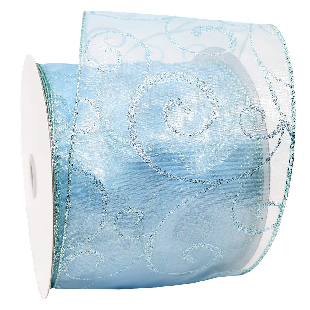 Morex Ribbon Wired Swirl Sheer Glitter Ribbons, Holiday Ribbon for Crafts and Christmas Decorations, Gift Wrapping, 4" x 25 yd, Ice Blue